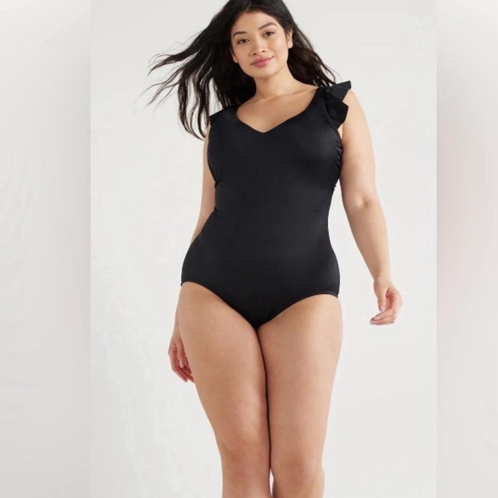 Time and Tru Women's Black One Piece Swimsuit with High-Cut Leg